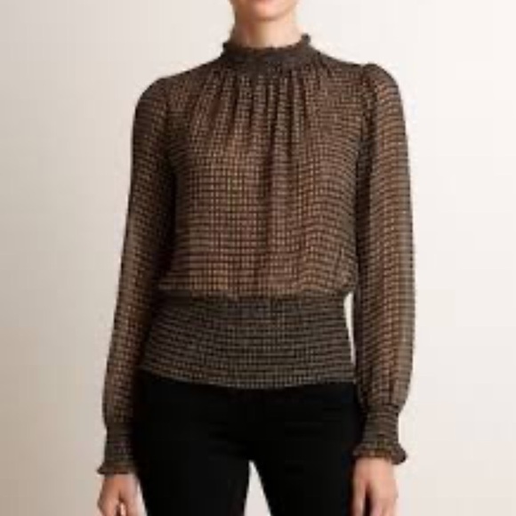 Joie Tops - Joie Tan & Black Shimmer Long Sleeve Smocked Top Small